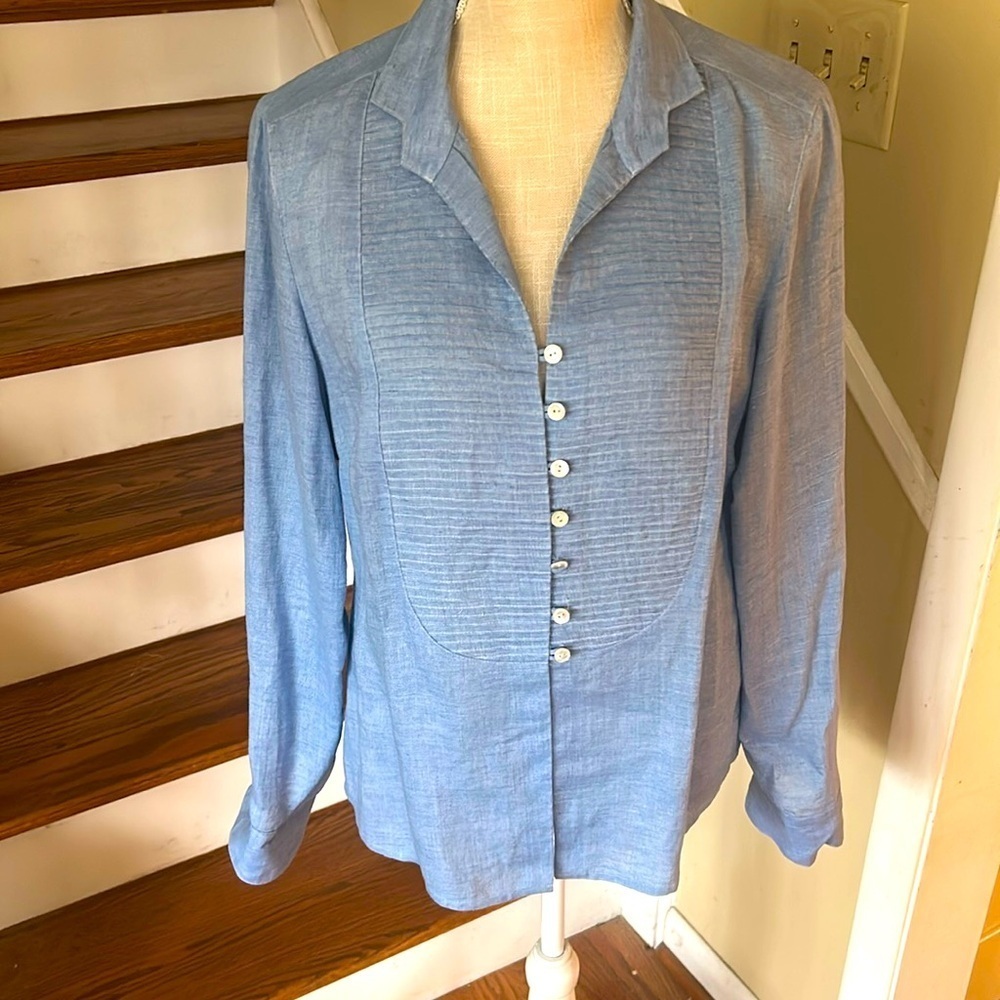 Carlisle 100% Linen Blue Button Up Blouse Long Sleeve Size 10 Workwear Classic